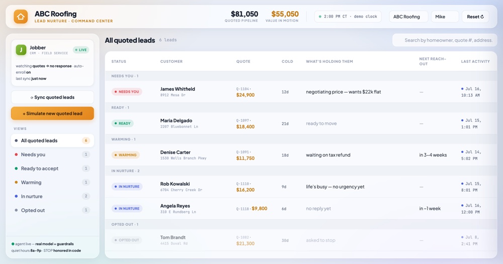 Owner command center — every quoted lead on one screen with status and dollar value